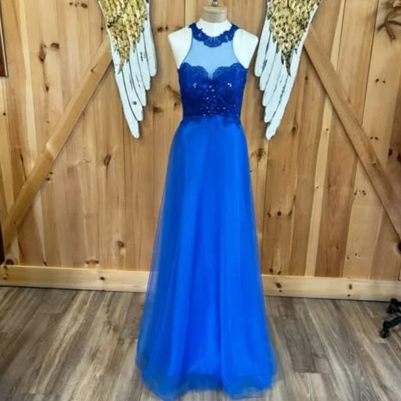 Dark blue with dark blue lace within neckline and ribs special occasion dress - Picture 1 of 7